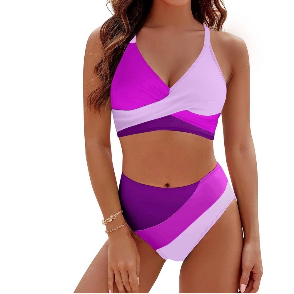 Rosvigor Womens Purple Colorblock Wrap Bikini Set High Waisted Swimsuit Size M